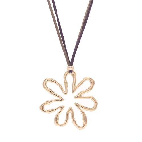 NILUXE DESIGN - Ciondolo Donna Fiore Grande Dorato Stile Bohemien - Collana Lunga con Fiore e Catena in Antelina Regolabile con Elementi in Zamak Argentato - Ciondolo Lungo(Argentato)