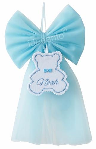 Fiocco nascita ricamato personalizzabile con nome orsetto, in tulle rosa e azzurro bimbo bimba