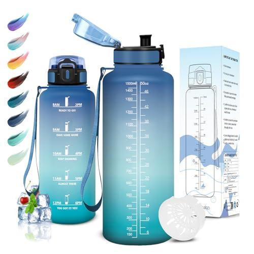 Motswedi Borraccia 1500ml, Senza BPA, Borraccia Palestra, Prova di Perdite, Borraccia Motivazionale, con Filtro, Borraccia Sportiva, Bottiglia Acqua per Scuola, Palestra, Ufficio, Yoga, Blu Verde