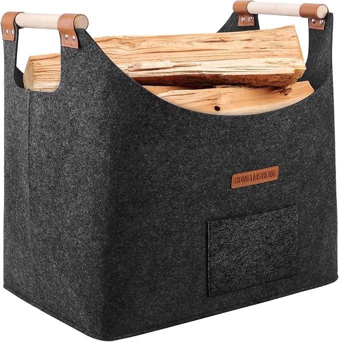 XL Legna da ardere cesto in feltro extra spesso e manico rinforzato | cesta per legna da interno | Cesto pieghevole in legno borsa in feltro come cesto per la spesa, legna, giornali (grigio ardesia)