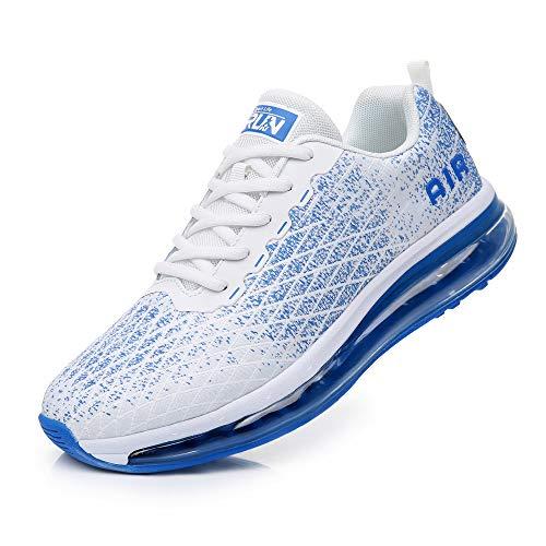 TORISKY Scarpe Uomo Donna Scarpe da Ginnastica Air Sneakers Running Sportive Casual Interior all'Aperto, Bianco/Blu, Taglia 38EU (8998-WH/BL38)