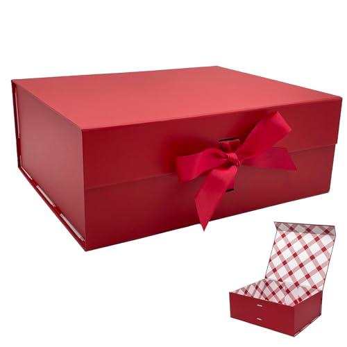 Tekhoho Scatola Regalo Rosso Grande 33.5x27x12.5cm, Scatola Regalo Premium con Coperchio Magnetico e Nastro per Confezioni Regalo di Matrimonio e Compleanno, Fodera Plaid