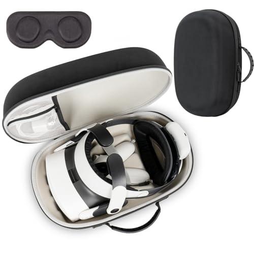 XINGFUDAO Custodia rigida per Meta Quest 3/ Quest 3S – impermeabile, antigraffio, organizzata per cinturino Elite，Con tasca in rete per riporre gli accessori (Nero, L)