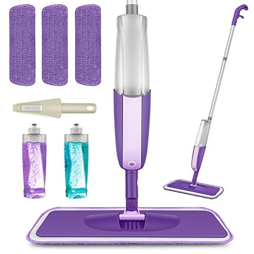 Mexerris Mocio con spray, in microfibra, per la pulizia del pavimento della cucina, umido e asciutto, con 2 bottiglie ricaricabili, girevole a 360°, per pavimenti in legno duro, piastrelle, legno
