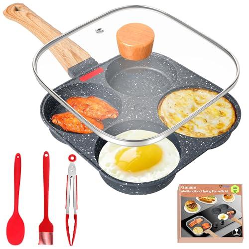 Gimars Padella Pancake con Coperchio Padella Antiaderente per Frittata a 4 Stampi in Alluminio da Fornelli a Gas Induzione per Uova Hamburger Omelette Colazione,con Spatola Pennello Clip