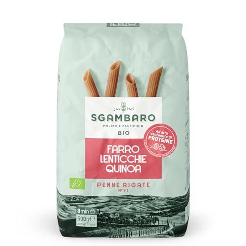 Sgambaro Pasta Bio Penne Rigate N.91 - 500 g con Farina di Farro, Farina di Lenticchie e Farina di Quinoa - Ricche di Proteine e con Basso Indice Glicemico