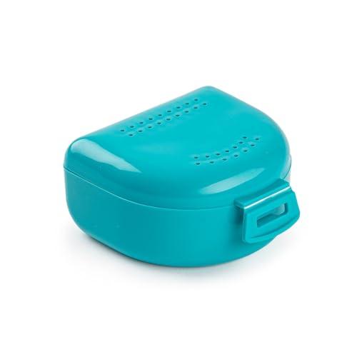 Scatola per Apparecchio Denti, Bite e Dentiere - Custodia Traspirante con Fori di Sfiato - Portatile, Resistente e Facile da Pulire - 75x60x35mm - Porta Bite Dentale in Plastica - Celeste.