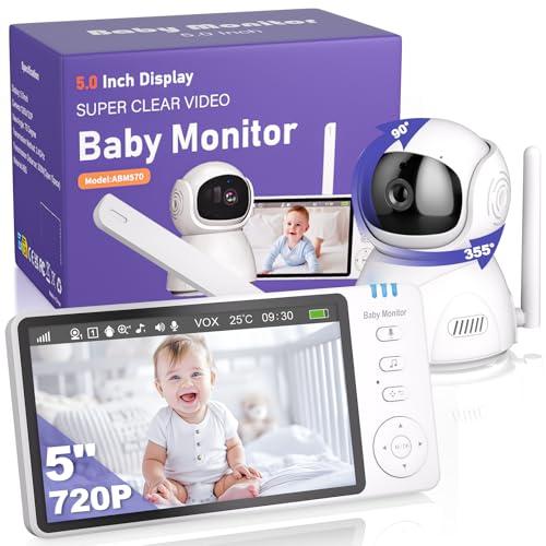 OBVHNUA Baby Monitor 5 '' Baby Monitor Video e Audio, Telecamera Bambini 720P HD 2 x 4 x Zoom Digitale, Due Vie, Audio VOX, Visione Notturna, Monitoraggio della Temperatura