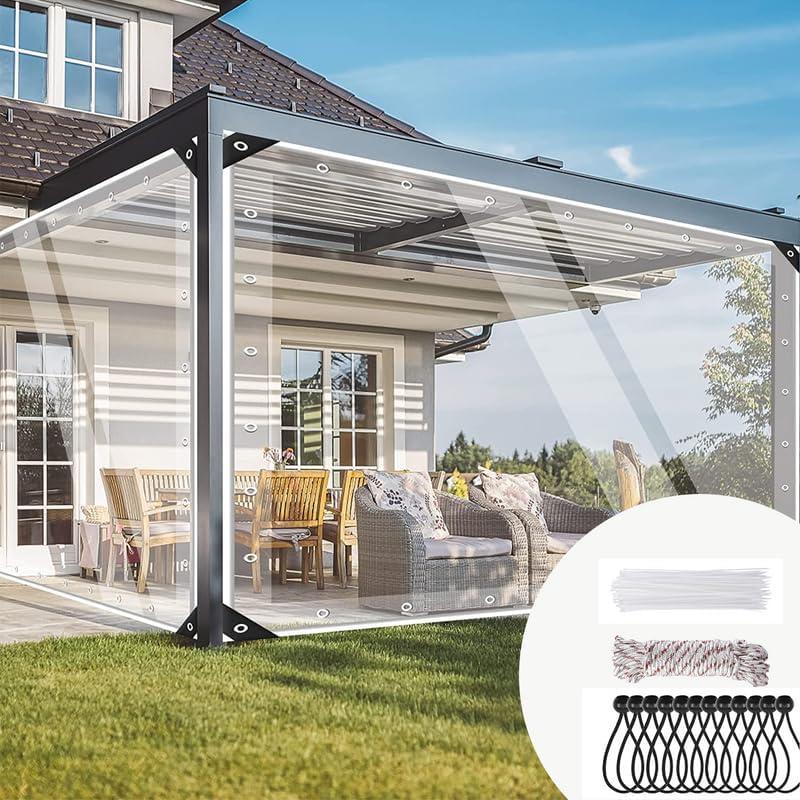 Telone Impermeabile Per Esterno, 420 G/M PVC Telo Trasparente Occhiellato Trasparente Tenda Esterno Multiuso Con Corda Da 10 M, Fascetta, Corda Elastica