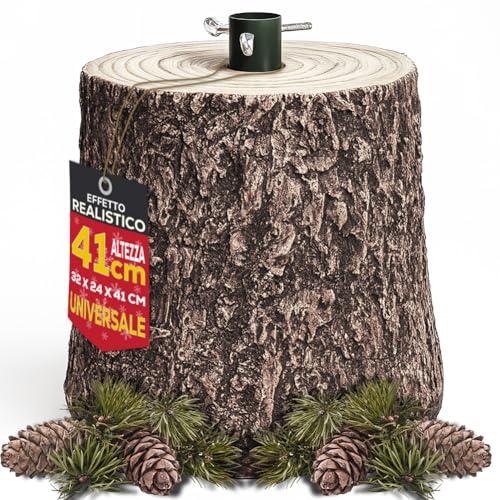 BAKAJI Base Supporto Albero di Natale in Resina, Tronco Realistico Natalizio, Riproduzione Fedele alla Realtà Solida Resistente, Attacco Universale 40mm Ganci per Adattamento Altezza (41 cm Scuro)