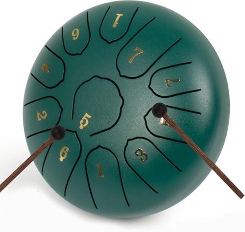 LOMUTY Steel Tongue Drum C Maggiore, 6 Pollici 15 cm 11 Note Handpan, Tamburo Lingua Acciaio per la Guarigione attraverso il Suono, Meditazione, Yoga, Rain Drum come Regalo, Verde