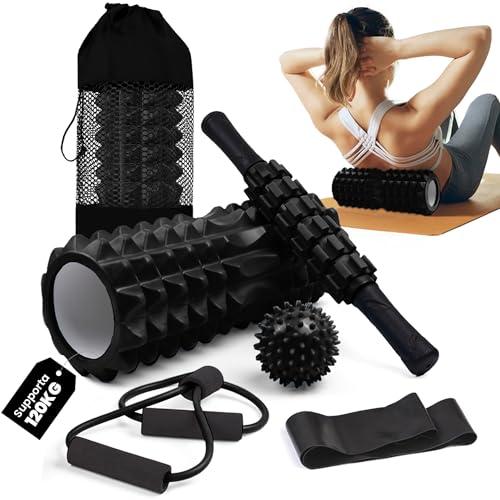 unycos - Foam Roller【PP/EVA】| Kit 5 in 1, Rullo per Massaggio Muscolare che Supporta 120 kg, Fascia di Resistenza Fitness, Palla, Bastone di Riabilitazione, Corda di Forma e Custodia (Nero)