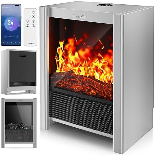 TRESKO® Camino Elettrico SmartFire con Riscaldamento 2000 W, APP WiFi e Telecomando | Camino Elettrico con Effetto fiamma LED e Display LCD | Camino con Termostato | Stufa Elettrica Timer