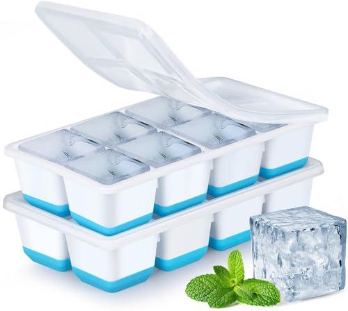 Stampo Ghiaccio Grande, JRISBO Set 2 Stampi con Coperchio per Cubetti Ghiaccio Silicone senza BPA, Formine Cubi Ghiaccio Forma Vaschette Ice Cube Tray per Cocktail Birra Whisky (Blu)