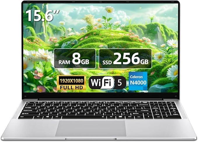 PC Portatile da 15,6 pollici, Computer portatile Celeron N4000, laptop 8GB RAM 256GB SSD, notebook Full HD 1920 x 1080, apertura e chiusura a 180 gradi, WiFi 5, Mini HDMI, TF Card Slot, USB3.0, BT4.2