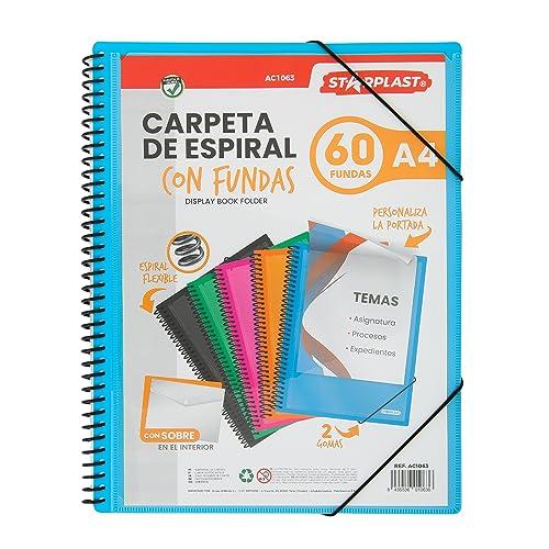 Starplast Cartella Buste Spirale Flessibile - 60 buste trasparenti, A4, chiusura elastica, copertina in polipropilene, copertina personalizzabile, per uso scolastico e ufficio - colore Blu