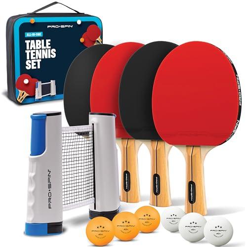 PRO-SPIN Set da Tavolo Portatile - Kit Premium con Rete Estensibile per Qualsiasi Tavolo, Racchette, Palline e Custodia per Ping Pong (Set da 4 Giocatori, Rosso)