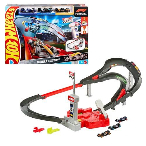 Hot Wheels Racing - Circuito Sprint Formula 1, set pista a due modalità di gioco e con 3 veicoli F1 inclusi, McLaren F1 Team, Alpine e VCARB, giocattolo per bambini, 4+ anni, JDY15