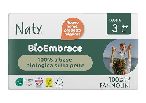 Naty BioEmbrace Pannolini per Bambini Taglia 3 (4–9 kg) | 100% a base vegetale sulla Pelle | Morbidezza vegetale, Dermatologicamente Testati, Super Assorbenti| 100 Pezzi