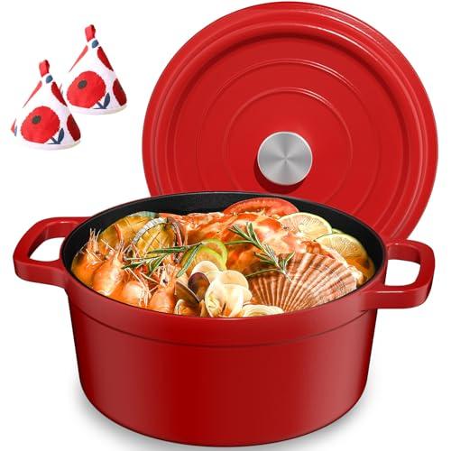YASHE Pentola in Ghisa con Coperchio, Casseruola Antiaderente, Forno Olandese Smaltato Rotondo per Zuppe, Stufati e Cottura al Forno, Rossa