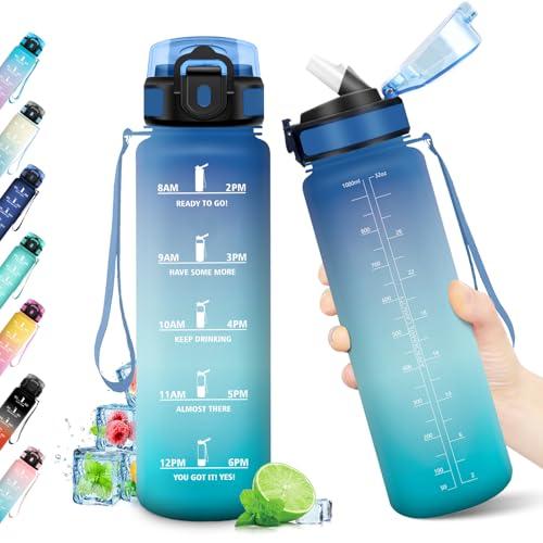 Borraccia 1L, Borraccia con Cannuccia, Bottiglia Riutilizzabile, Borraccia Sportiva con Marcatori Temporali, Bottiglia senza BPA, A Prova di Perdite, Borraccia Sport per Fitness, Scuola, Ufficio