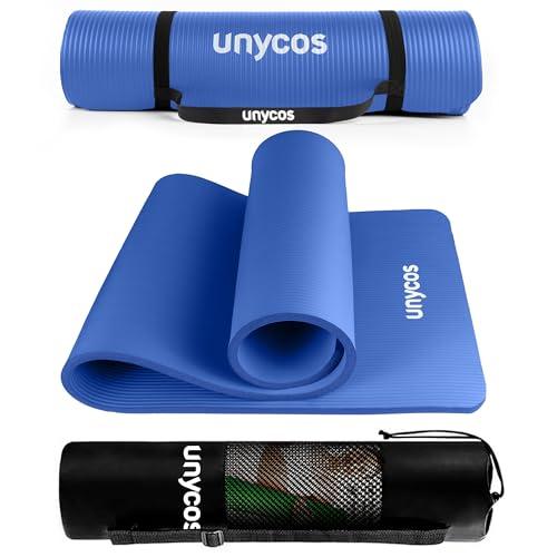 unycos - Tappetino Antiscivolo da Yoga, Pilates e Ginnastica Extra Spesso 15 mm, 183x60 cm, Materassino Fitness con Schiuma NBR Confortevole, Tracolla, Borsa ed E-Book di 50 Esercizi (Blu)