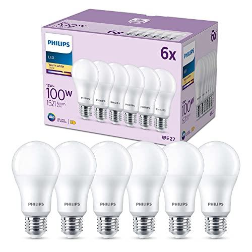 Philips LED E27, confezione da 6 lampadine, equivalente a 100 W, lampadine LED smerigliate, Plastica, Luce Bianca Calda 2700K, LED a risparmio energetico con lunga durata