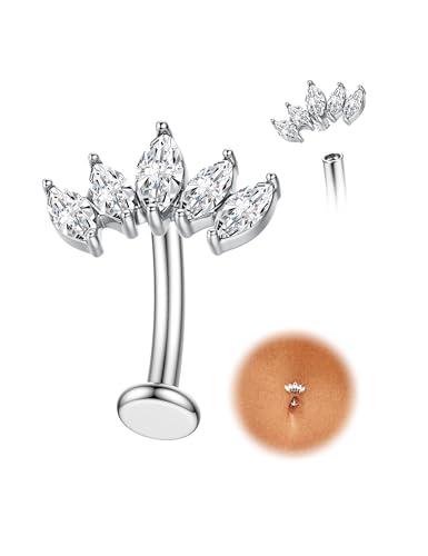 KRFY Piercing Ombelico Titanio 14G Piercing Ombelico Oro Argento Anallergico Navel Piercings Pendente Cuore Galleggiante Farfalla CZ Floating Navel Bijoux Corpo Piercings - Argento Fiore CZ 12MM
