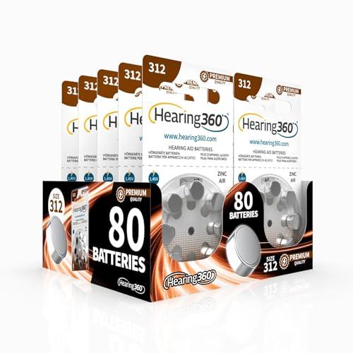 Hearing360 80 batterie per apparecchi acustici misura 312 qualità premium, durata extra, compatibili con tutti i modelli, senza mercurio (10 blister da 8 pile)