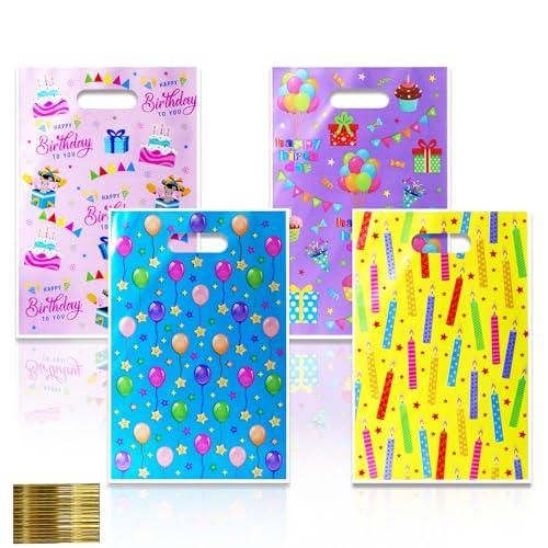 Sacchetti Regalo 100 Pezzi Sacchettini Compleanno Bambini con 4 Tipi di Caramelle Bustine Regalini Fine Festa Bambini in Plastica Colorata per Feste Compleanni e Eventi(16.5x25cm)