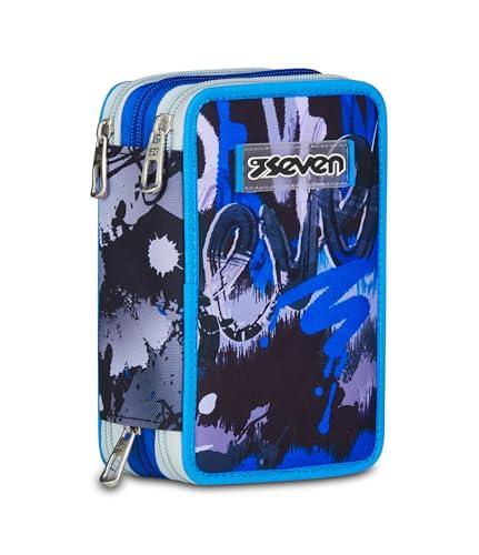 Seven Astuccio Scuola Elementare, 3 scomparti, Medie, con Matite, Pennarelli, Penne, 3 Zip, Hue & Writes, Bambino, Ragazzo, blu