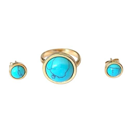 Set di Anelli e Orecchini da Donna con Pietre Naturali - Anello placcato in Oro 14 Carati e Orecchini Abbinati con Amuleto di Protezione in Pietre Semipreziose (Turchese)