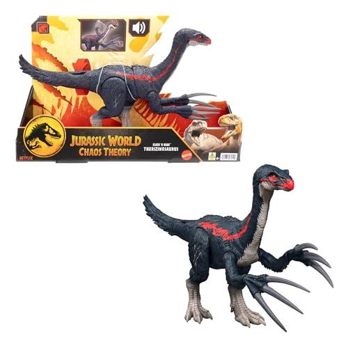 Mattel Jurassic World - Terizinosauro Attacca e Ruggisci, dinosauro con azione d'attacco, ruggito ed effetti sonori, ispirato alla serie Teoria del Caos, giocattolo per bambini, 4+ anni, JCG17
