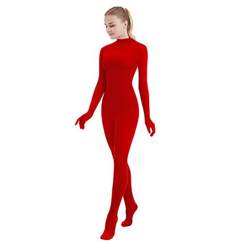 SUPRNOWA Unisex Finto Dolcevita Lycra Spandex Manica Lunga Unitard (S, Rosso con i Piedi e Le Mani)