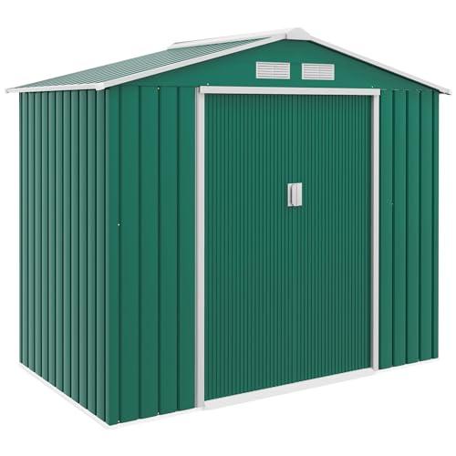 Outsunny Casetta da Giardino Porta Utensili in Lamiera di Acciaio, Capanno da Giardino in Acciaio con Porte Scorrevoli, 213x130x185cm, Verde
