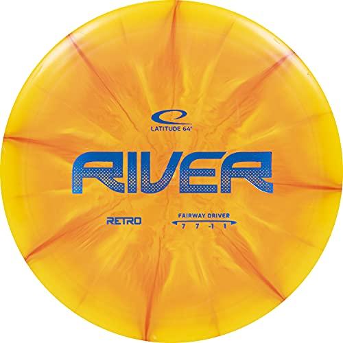 Latitude 64 - Disco da golf retrò Burst River, frisbee a distanza massima, facile da lanciare per principianti, 170 g Plus, colore del timbro e motivo a scoppio variano (arancione)