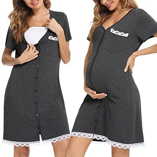 Uniexcosm Camicie da Notte Parto Cotone Camicia Notte Premaman con Scollo A V Manica Corta Aperto Anteriore Camicia da Notte Donne Gravidanza Grigio Scuro M