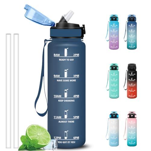 Grsta Borraccia 1 litro, Borracce con Cannuccia, Facile da Pulire, Borraccia Palestra con Indicatore del Tempo, A Prova di Perdite Bottiglia Motivazionale per Bicicletta, Yoga, Lavoro