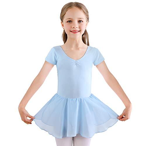 Bezioner Ragazza Balletto Leotard Vestito Danza Tutu Body Ginnastica Manica Corta con Chiffon Gonna (120 (110-120 cm,6-7 Anni), Blu)