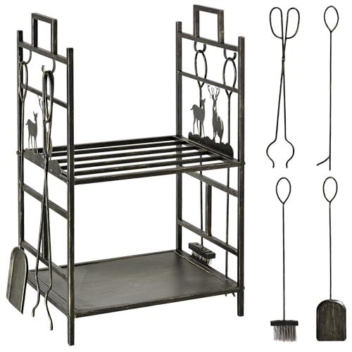 Outsunny Portalegna da Interno ed Esterno in Metallo con 2 Ripiani, Portalegna da Ardere con Scopa, Paletta, Pinza, Attizzatoio e Manici, Base Porta Legna Rialzata e Decori, 51.5x33x77cm, Oro e Nero