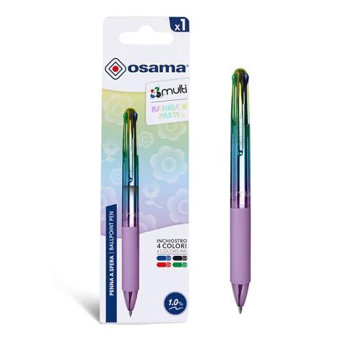 OSAMA 4 Multi Rainbow Pastel - Penna Multicolore a Sfera 1.0 mm, Penne Colorate 4 Colori Personalizzate Arcobaleno Inchiostro Nero Blu Rosso e Verde, Cancelleria Scuola Ufficio Università e Cartoleria