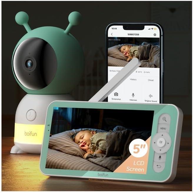 BOIFUN 2K Baby Monitor WiFi, Telecamera 360° con Luci Notturne e Display LCD 5