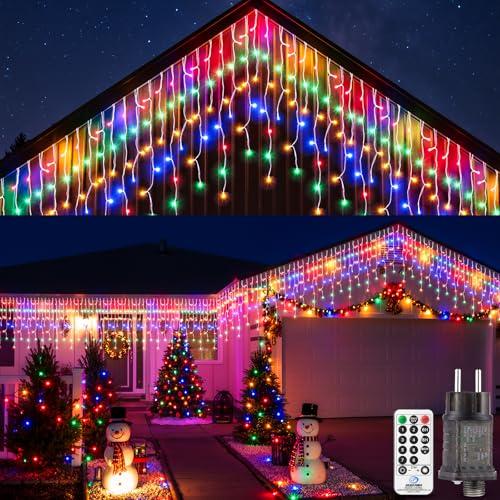 UIONVO Luci Natale Esterno Cascata LED - 10M Coloured Tenda Luminosa Interno Natalizi Impermeabile Prolungabile Catena luminosa per Esterni Decorazioni Natalizia per Balcone Tetto Terrazza