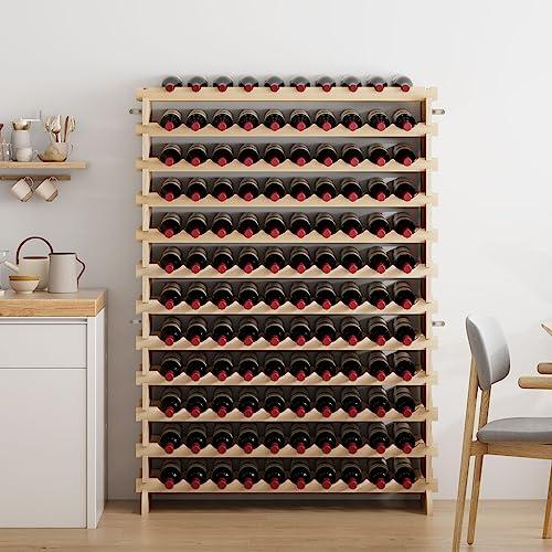 SogesPower Scaffale in Legno per Vino Portabottiglie di Vino con 12 Scomparti, per 120 Bottiglie di Vino, Espositore per Vino per Cantina, Cucina, 110 x 35 x 140 cm