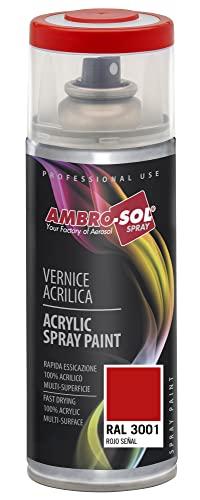 Ambro-Sol V4003001 Smalto Acrilico Multiuso, Vernice Brillante per Interni ed Esterni, Adatto per Qualsiasi Tipo di Materiale, Bomboletta Spray in Banda Stagnata Riciclabile 400 ml, Rosso Segnale