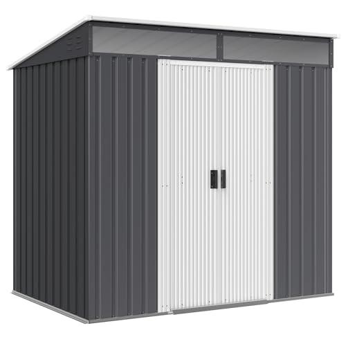 Outsunny Casetta da Giardino Porta Attrezzi in Acciaio 1.2x2x1.8m con Base, Capanno da Giardino con Finestre Trasparente, Serratura, Porta Scorrevole, Tetto Inclinato, 2 Ganci e 2 Prese d'Aria, Grigio