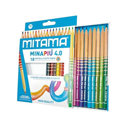 Mitama - Pastelli MINAPIU 4.0 - Confezione da 18 pastelli - Mina grande 4 mm resistente - diametro 7,5 mm - Spazio per il nome - Colori Scuola - Pastelli Astuccio Scuola