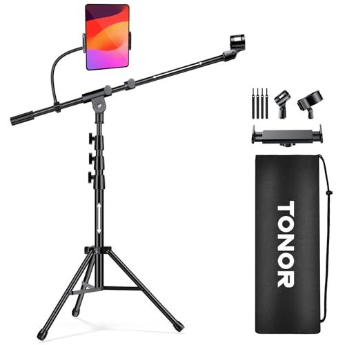 TONOR Supporto per Microfono con Supporto per Tablet, Treppiede per Pavimento, Regolabile in Altezza, con Borsa per il Trasporto, Morsetto per Telefono e iPad, Compatibile con Blue Yeti, SM58, T35