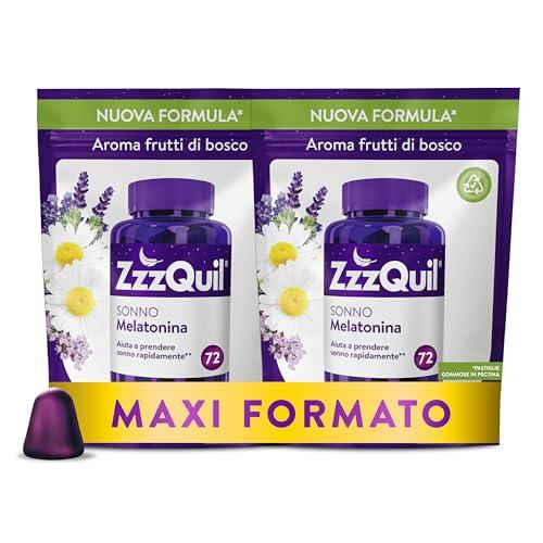 ZzzQuil Sonno, Melatonina pura per Dormire, Integratore con Estratti Di Valeriana, Camomilla e Vitamina B6, Formula Vegana, 2 x 72 Pastiglie Gommose