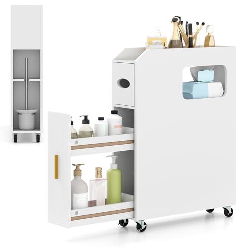 COSTWAY Credenza da Bagno Piccolo, Mobile Salvaspazio Stretto e Slim con Cassetto Scorrevole, Porta Fazzoletti, Portascopino e Ruote Bloccabile, Armadietto per Spazi Ridotti (Bianco)
